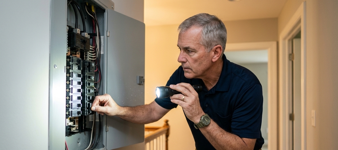 A home inspector shining a flashlight at an open electrical panel in a residential hallway.