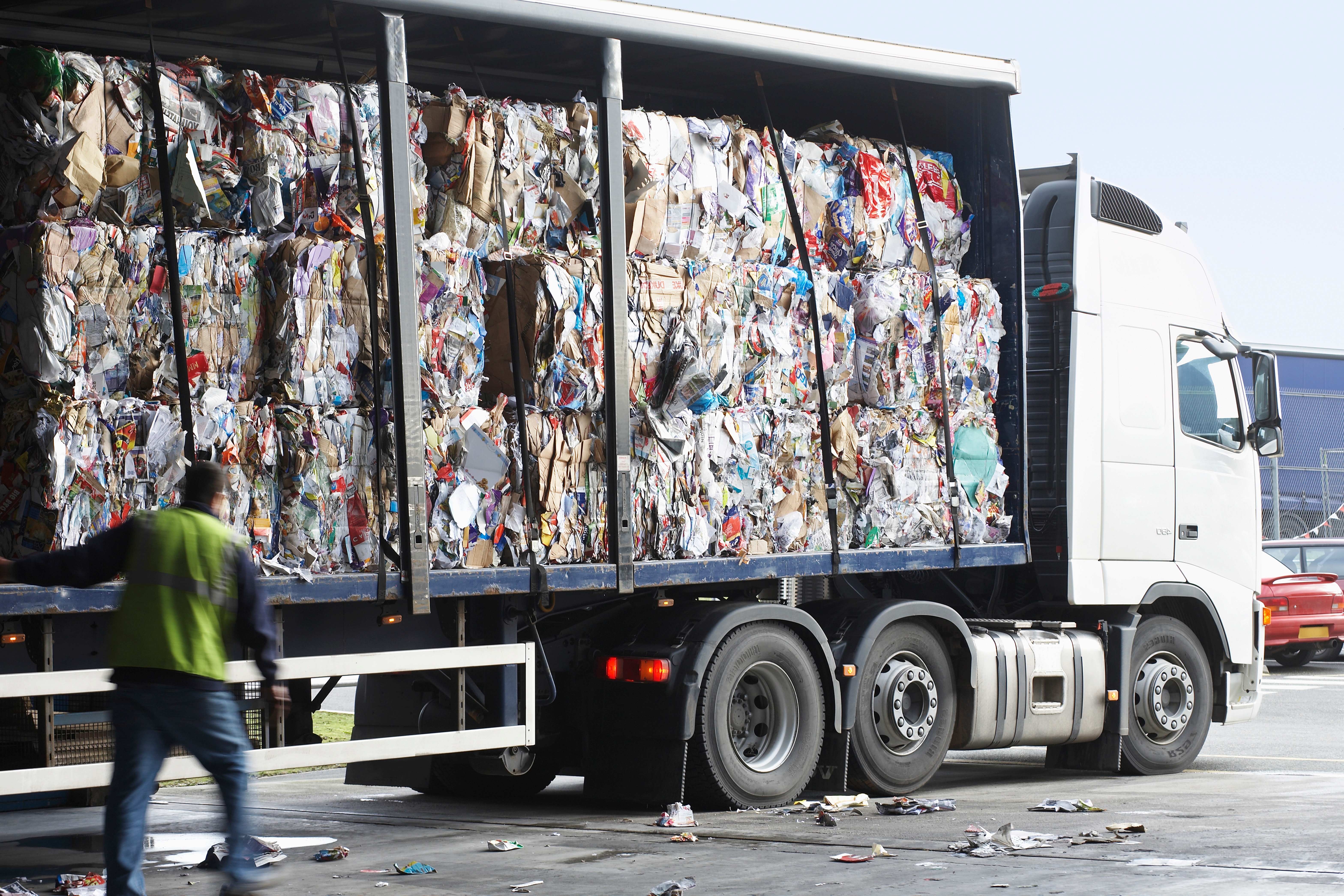 lorry full of baled fibre waste
