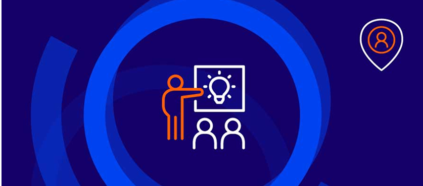 Illustration of a presenter teaching two people with a lightbulb on a screen, symbolizing learning and ideas.