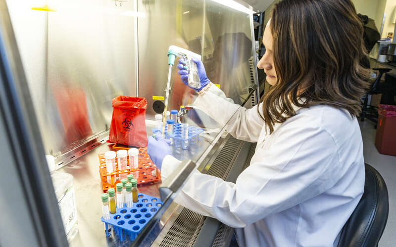 Female researcher pipettes liquid under the hood in a Moffitt Cancer Center research lab