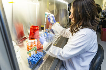 Female researcher pipettes liquid under the hood in a Moffitt Cancer Center research lab