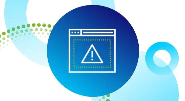 Icon of a web browser window with a warning triangle, representing risk or alert, on a blue circular background with abstract overlapping circles