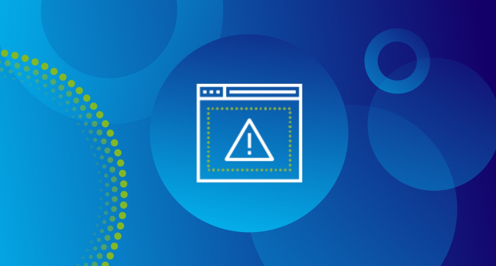 Illustration of a web browser window with a warning triangle icon inside, on a blue abstract background.