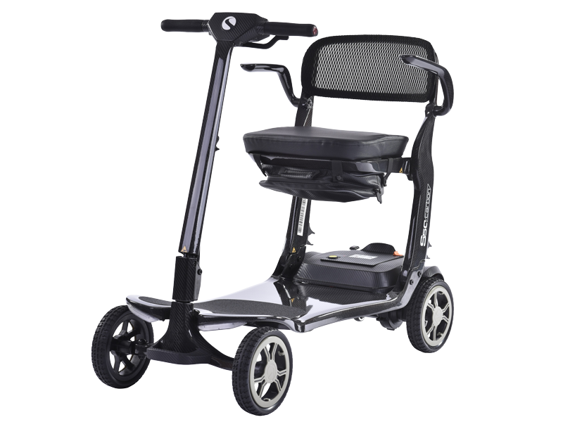 Sunrise Medical S50 Carbon mobility scooter with lightweight carbon-style frame, mesh backrest, slim tiller and compact wheels, shown at an angle on a white background.