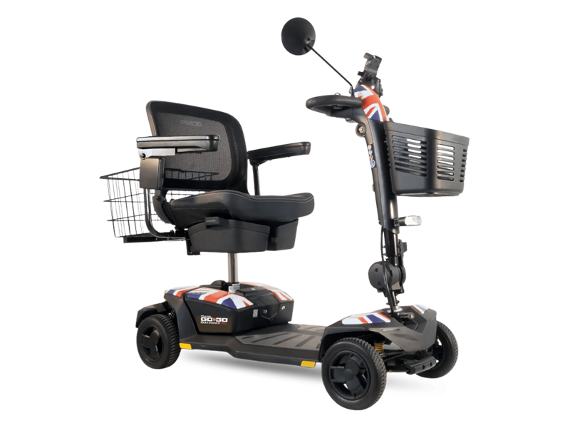 Pride Go Go Endurance AL mobility scooter in black, with a padded seat, front basket, rear storage basket and four wheels for everyday travel.