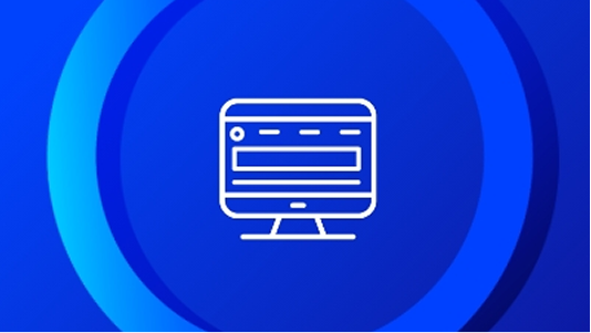White outline icon of a desktop computer monitor displaying a web browser window with text fields, centered within concentric blue rings on a dark blue background.