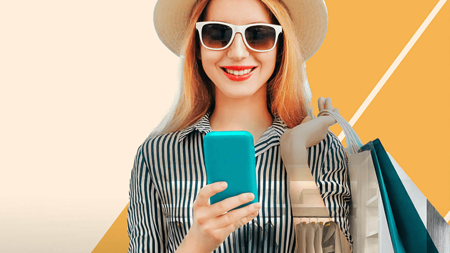 shopgirl.jpg Image of a woman wearing a hat and sunglasses looking at a smartphone in her hand.