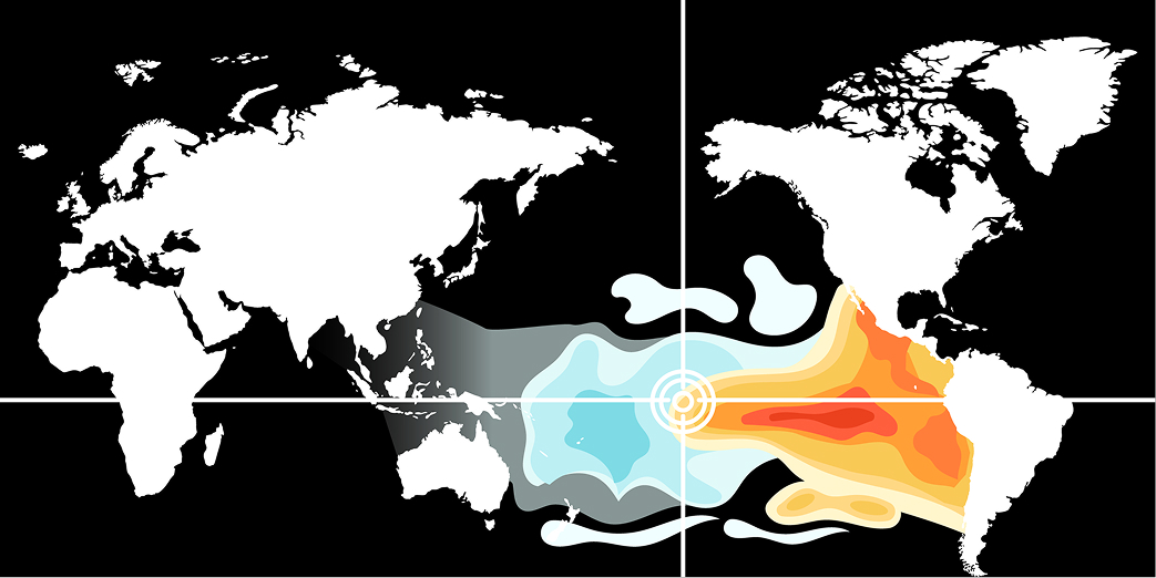 Silhouette world map with weather indicators and heat map drawn over to indicate the movement and direction of El Nino