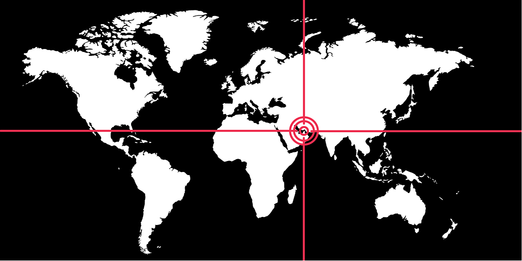 Silhouette world map with a red marker over the middle east