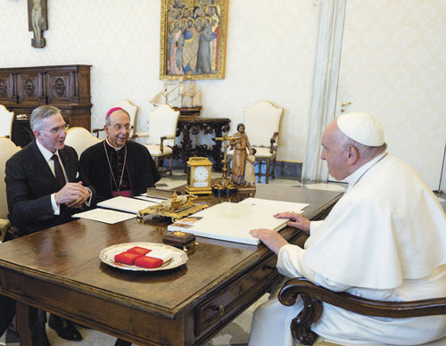 Pope Francis receives Supreme Knight Kelly and Archbishop Lori in a private audience at the Vatican.