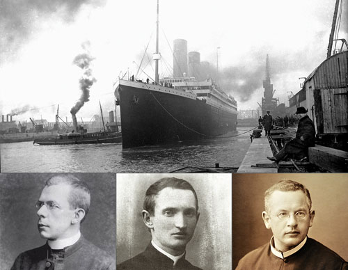 The Titanic, seen here docked at Southampton, England, on April 10, 1912, carried three Catholic priests on its maiden voyage: from left, Father Thomas Byles, Father Juozas Montvila and Benedictine Father Josef Benedikt Peruschitz. (Titanic: Cinematic / Alamy Stock Photo)