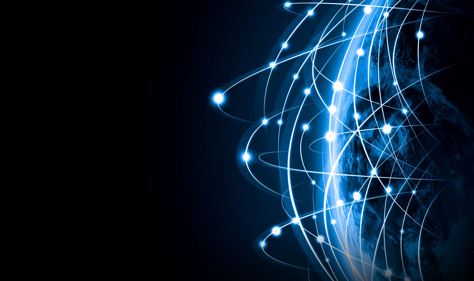 Digital illustration of Earth surrounded by glowing blue lines and dots, set against a dark background