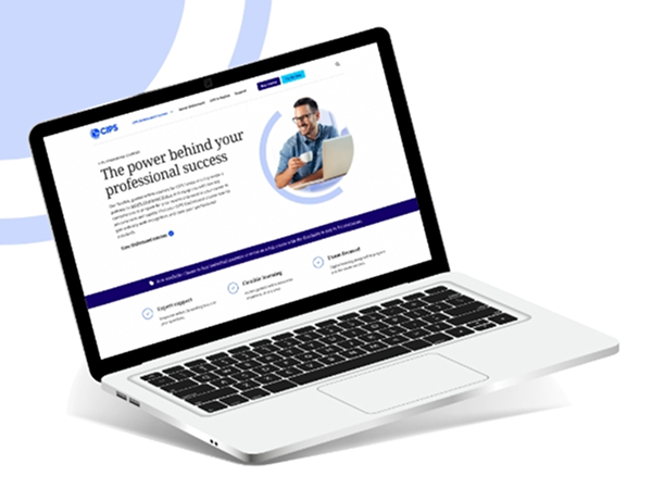 A promotional image showing a white laptop displaying a CIPS website page with the headline 