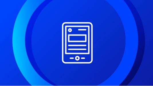 A graphic featuring a white outline icon of a tablet or large smartphone displaying a web page, centered within concentric blue circles, representing ebooks or mobile learning.