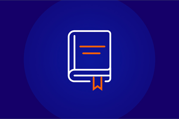 White line-art icon of a closed book with an orange bookmark and two orange lines on the cover, set against a dark blue circular background.