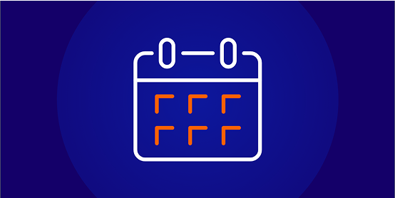 Line-art icon of a calendar showing orange L-shapes on various dates, representing events or scheduled activities, set against a dark blue background.