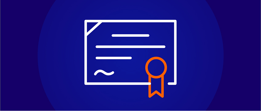 White line-art icon of a diploma or certificate with an orange ribbon seal, set against a dark blue background.