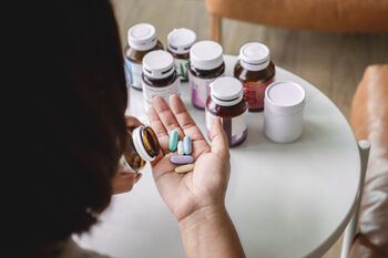 woman holding colorful pills in her hand with several pill bottles on a table. this is to represent supplements.