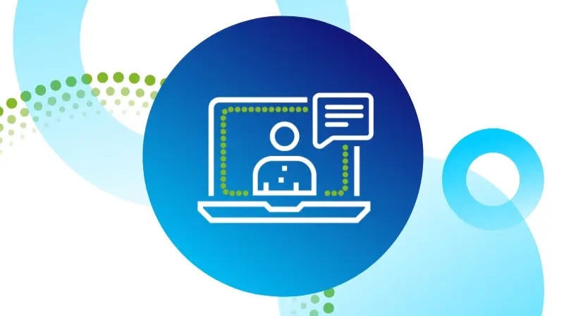 Illustration of a person appearing on a laptop screen with a speech bubble, set against a decorative circular background; symbolizing digital supplier relationship management, virtual collaboration, and online communication.