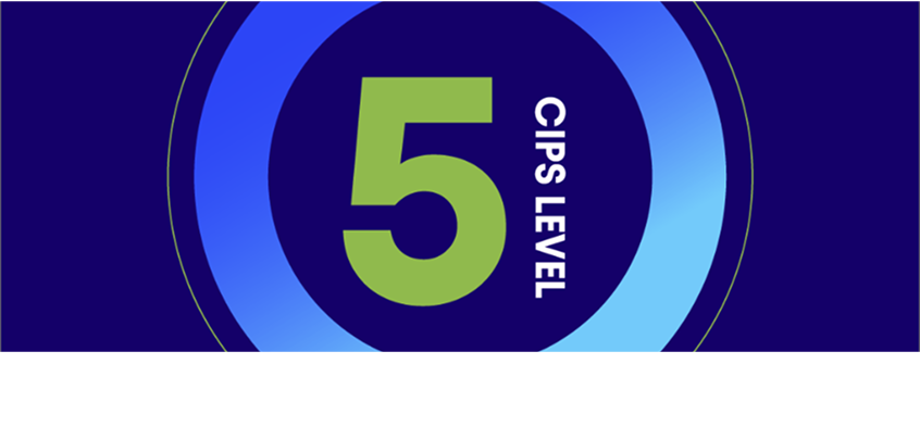 A large green number 5 centered within a blue-to-light blue gradient ring on a dark blue background, with the text CIPS LEVEL written vertically along the right side.