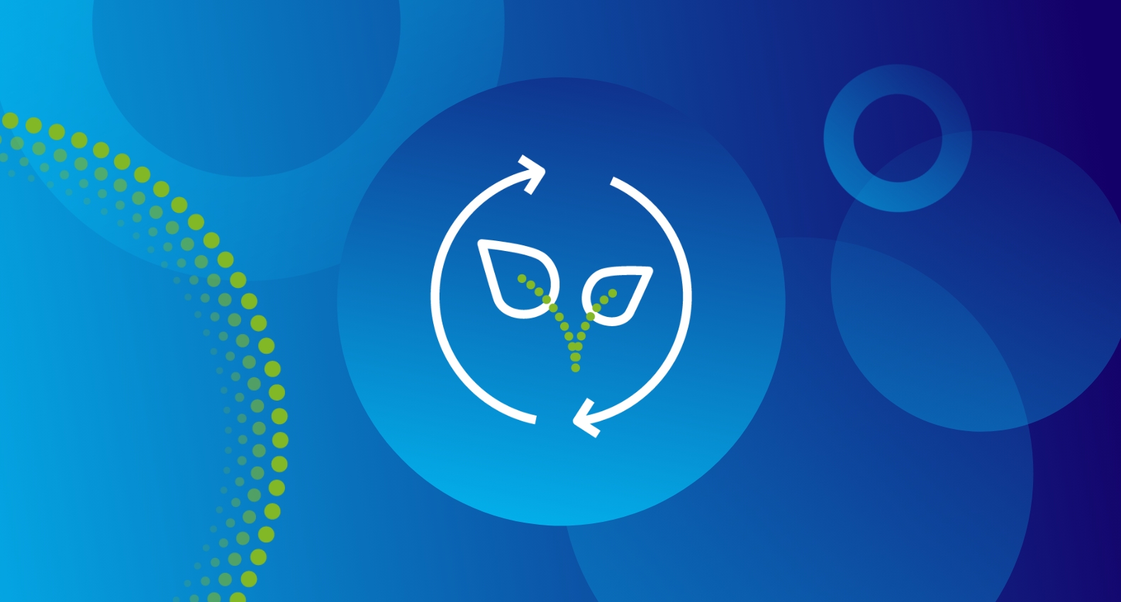 Line icon of a plant with two leaves, inside a circle with two arrows that looks like a recycling symbol. Icon symbolises recycling, environmentalism and sustainability.