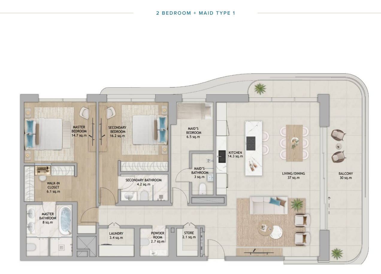 Fahid Beach Terraces Terraces apartment 2 bedroom type1 maid floor plan