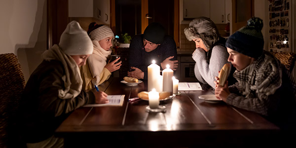 A man and woman and several kids sit bundled up around a table with candles in the center eating bread