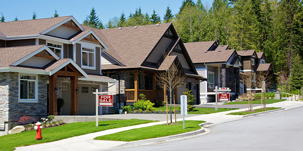 row of houses with two for sale signs