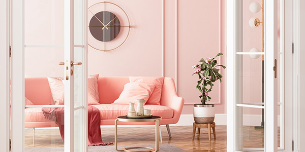 coral-colored living room