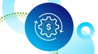 Illustration of a gear with a dollar sign at its center, encircled by rotating arrows, set against a blue gradient background with abstract circular and dotted elements. Symbolizes value creation, economic efficiency, and the cyclical nature of skills development and financial growth.