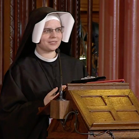 Sister Gaudia Skass, O.L.M. gives address during Young Adult Prayer Vigil Saint Mary’s Church, Oct. 31, 2020