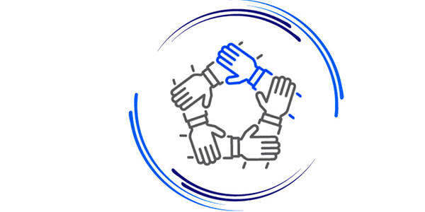 Icon of four hands joined in a circle, symbolizing teamwork, motivation, and collaboration.