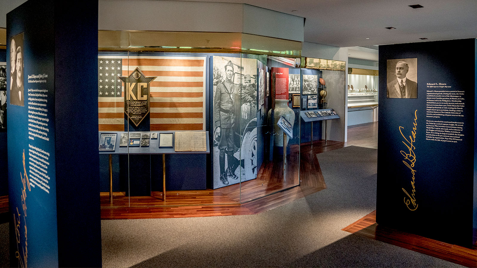 Photo of the Wall of History exhibit where it discusses the Knights of Columbus wartime relief efforts during World War I. 