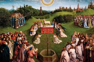 Hubert and Jan van Eyck, The Ghent Altarpiece (open), 1432, detail from the panel The Adoration of the Mystic Lamb / Photo © Lukas – Art in Flanders