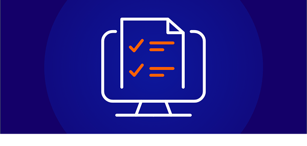 A white line-art icon on a dark blue background showing a computer monitor displaying a document with orange checkmarks and lines, symbolizing online exams or assessment marking.