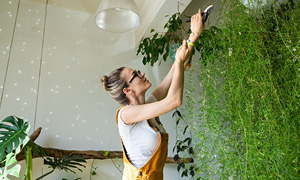 Vertikalni vrt z raznobarvnimi rastlinami na notranji steni sodobnega doma.