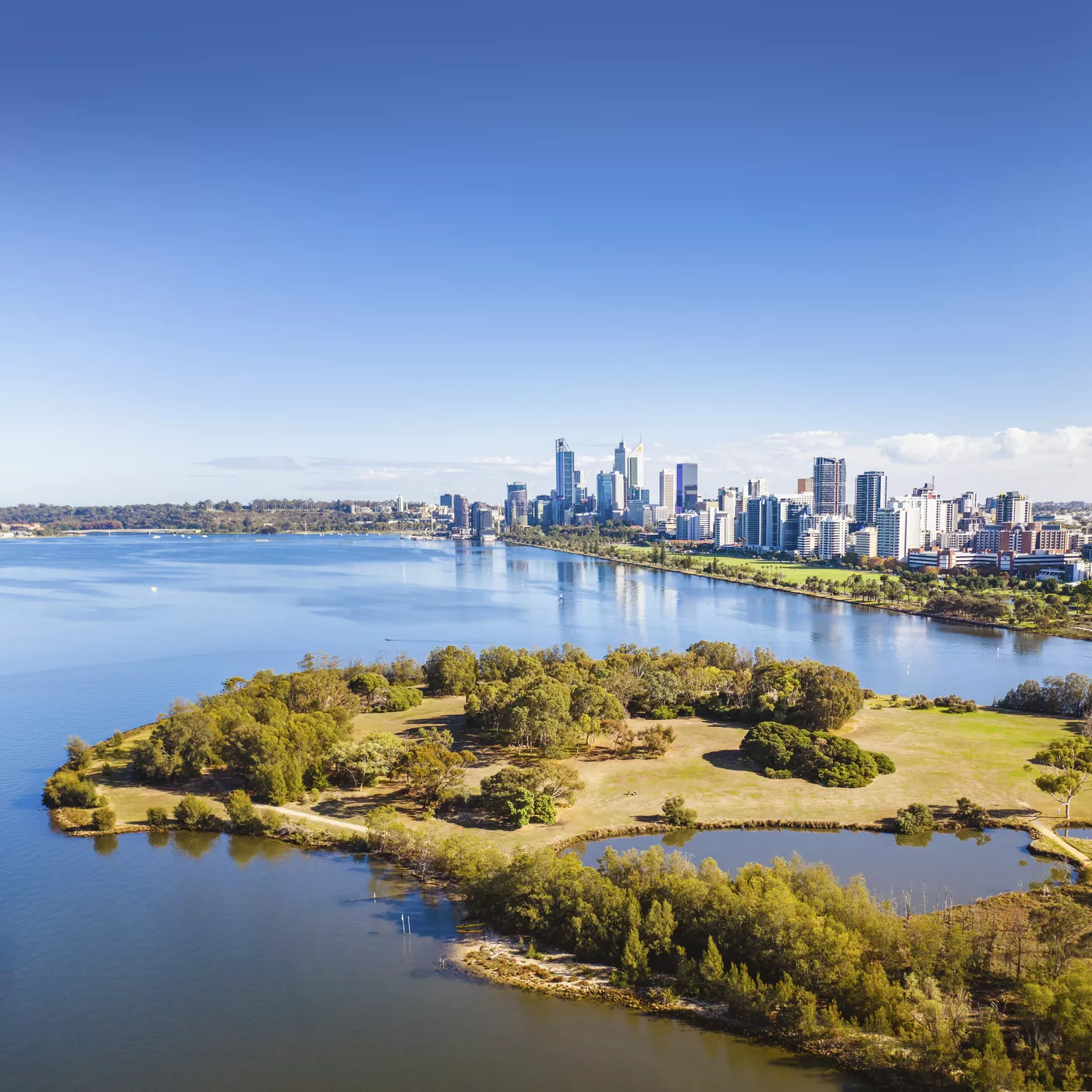 Aerial view of Heirisson Island looking back towards the City of Perth