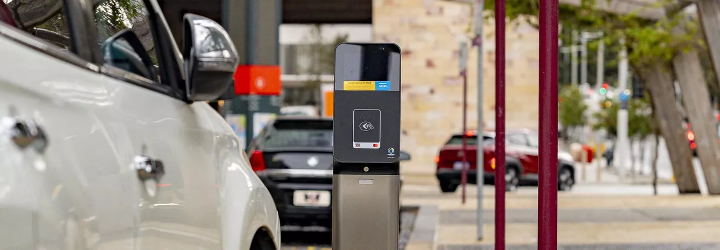 A cashless parking meter near Elizabeth Quay