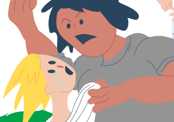 Illustration of one boy holding another by his shirt and shaking his hand at him.