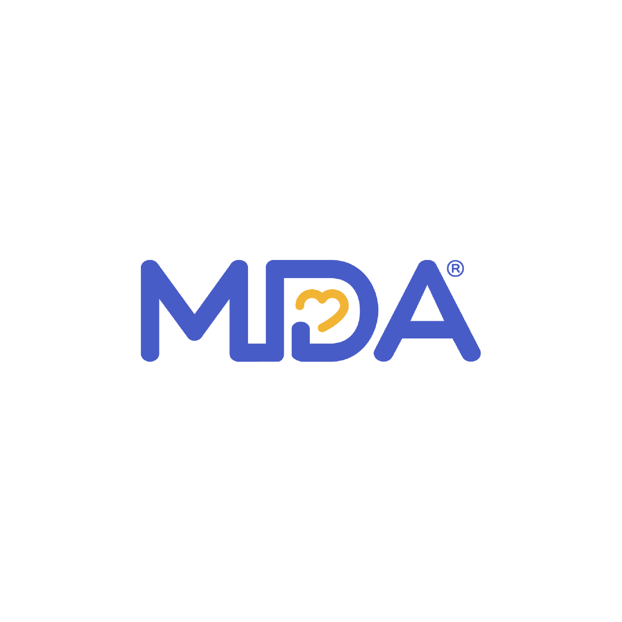 mda logo with blue letters and a yellow heart icon in the d