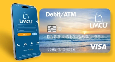Mobile phone that shows the Online Banking log-in page. Debit card image