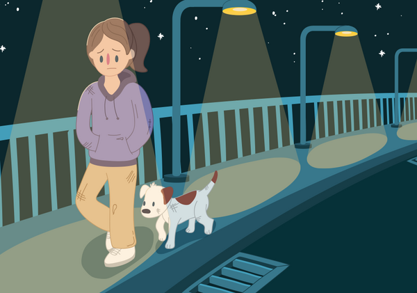 Illustration of a sad teen girl and a dog walking along a bridge at night. They both look scruffy.